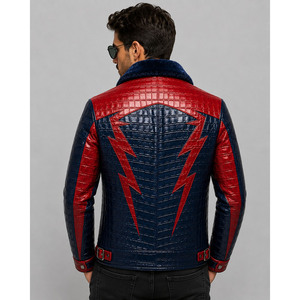 Veste en cuir gaufré crocodile rouge et bleu pour homme avec col en fourrure, style motard, coupe-vent, manteau d'hiver, coupe ajustée, fermeture éclair - Product Image 2