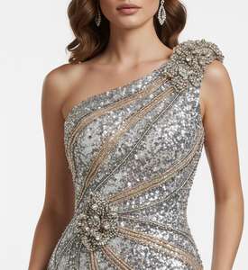 Robe de soirée sirène longue à sequins et perles pour femme, asymétrique à une épaule, dos nu, moulante, avec soutien-gorge intégré et taille naturelle - Product Image 2