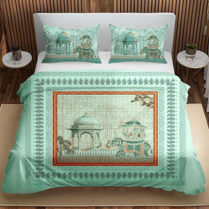 Ensemble de draps en coton taille King Shahi Gharana Mint Green Heritage Panel Print |   Parure de lit double 3 pièces en tissu doux avec taies d'oreiller - Product Image 1