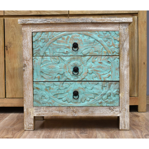 Hand Carved Solid Mango Wood Accent Cabinet 3 <b>Drawers</b> White Finish Farmhouse Style Nightstand for Home Office Hotel Bedroom - Product Image 3