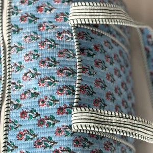 Blue Floral Quilted <b>Duffel</b> <b>Bag</b> With Striped Handles Zipper Closure Portable Travel Weekender <b>Bag</b> - Product Image 2