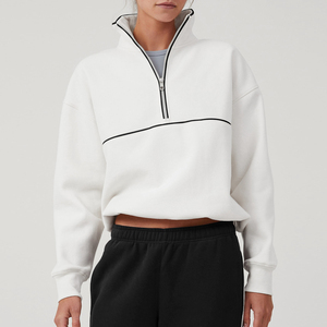 <b>Women's</b> <b>White</b> Fleece Quarter-Zip Hooded Sweatshirt Full Sleeve Regular Fit Casual Sportswear All Seasons 100% Organic Cotton - Product Image 1