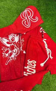 New Design Screen Print Logo Men Distressed Embroidery <b>Tracksuit</b> Custom Zipper Puller Rhinestone Hood <b>Tracksuit</b> - Product Image 6