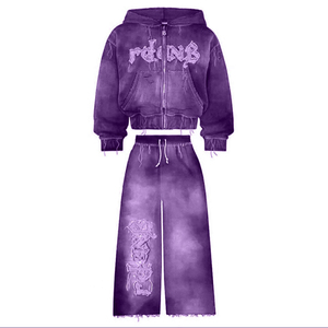 Acid Washed 3D Puff Printing Distressed Breathable Eco-Friendly Winter Solid Front Custom Stacked Flared Hooded <b>Tracksuit</b> Hoodie - Product Image 3