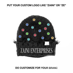 หมวกบีนนี่ไหมพรมอะคริลิคพรีเมียม ZAINI 280 GSM สีดำสำหรับทุกเพศ เหมาะสำหรับฤดูหนาว ประดับด้วยคริสตัล พร้อมป้ายโลโก้ปักแบบกำหนดเอง - Product Image 1