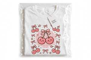 Haut d'été décontracté en coton à manches courtes et col rond pour femme, avec imprimé cerise Kawaii mignon et effet bouffant - Product Image 3