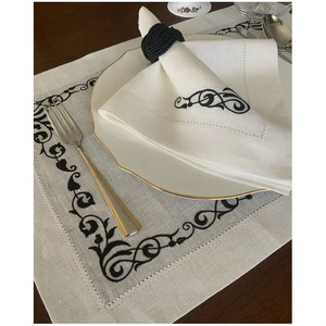 Custom Wholesale Luxury Embroidered Black Floral <b>Placemats</b> Napkins Sets White Linen Trays Thin Washable Reusable Home - Product Image 3