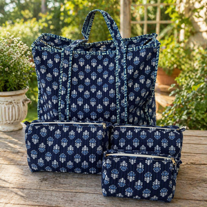 ชุดกระเป๋าถือผ้าฝ้ายลายดอกไม้สีน้ำเงินกรมท่า กระเป๋าโท้ทแบบเย็บลายพร้อมซิป กระเป๋าใส่เครื่องสำอาง และกระเป๋าจัดระเบียบสำหรับเดินทาง - Product Image 1