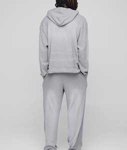 Men's Gray Hooded Sweatshirt <b>Set</b> with Front Logo Print Casual Jogger Pants 100% Cotton Fleece Breathable Winter Streetwear - Product Image 2
