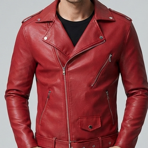 Custom Red Faux <b>Leather</b> Biker <b>Jacket</b> High Design Collar Slim Fit Coat With Belted Casual Outerwear For Unisex Comfort Wear - Product Image 3