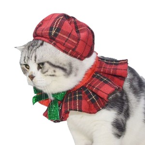 Ensemble chapeau et bavoir à carreaux <span class=keywords><strong>de</strong></span> Noël pour animaux <span class=keywords><strong>de</strong></span> compagnie, accessoire <span class=keywords><strong>de</strong></span> costume pour chien et chat <span class=keywords><strong>de</strong></span> style britannique pour séances photo <span class=keywords><strong>de</strong></span> vacances - Product Image 3