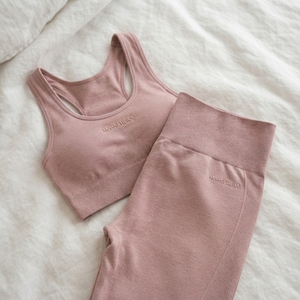 Women <b>Pink</b> Ribbed Yoga <b>Set</b> High Waist Leggings Sports Bra <b>Gym</b> Fitness Workout Activewear Two Piece <b>Set</b> - Product Image 6