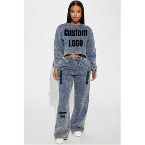 Conjunto de Sudadera con Capucha Corta y Ajustada para Mujer, Estilo Jogging Acampanado, Lavado Ácido, Desgastado, Personalizado, Primavera - Product Image 1