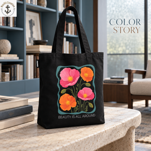 Sac fourre-tout en toile à imprimé floral avec longues poignées de transport |   Sac à bandoulière botanique noir avec fleurs rose-orange pour tous les jours - Product Image 4