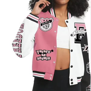 เสื้อแจ็คเก็ตเบสบอลแขนยาวปักลายสำหรับผู้หญิง ขายส่งแบบ OEM  ทรงครอป  ดีไซน์ล่าสุด  แบบ Letterman  ปักอักษร  แบบเรียบ  รับสั่งทำได้ - Product Image 2