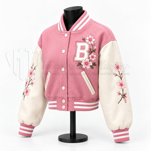<b>Women</b>’s Pink Cropped Varsity <b>Jacket</b> With Floral Embroidery Letterman Bomber <b>Jacket</b> Custom Streetwear - Product Image 3
