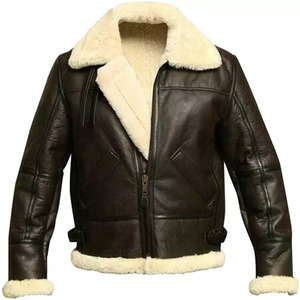 Blouson aviateur en cuir véritable pour homme avec doublure en fausse fourrure, coupe-vent, style motard, chaud pour l'hiver, fermeture éclair - Product Image 3