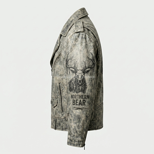 Chaqueta de Cuero para Hombre con Estampado Personalizado, Estilo Motero, Color Gris Desgastado, Diseño de Esqueleto de Ciervo, Estilo Punk Rock, Ropa Urbana - Product Image 4