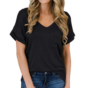 Camiseta Casual de Manga Corta con Cuello en V para Mujer, Logotipo Personalizado, Transpirable, de Algodón Tejido, Suave y Cómoda para Uso Diario - Product Image 4