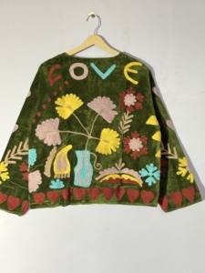 Green <b>Velvet</b> Bohemian Embroidered <b>Jacket</b> With Floral Pattern Long Sleeve Open Front Flap Pockets Casual Style - Product Image 2