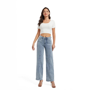 Jean décontracté unisexe à jambe large, coupe droite, délavé moyen, taille mi-haute, en denim tricoté, style streetwear, vente en gros OEM ODM - Product Image 2