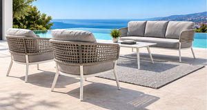 Ensemble de canapés modernes en corde tressée pour l'extérieur avec coussins gris, structure en aluminium, chaises longues et table basse pour jardin et terrasse - Product Image 2