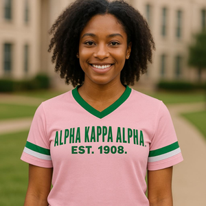 Camiseta Casual de Sorority AKA Boyfriend Style Founders Jersey Rosa Claro Verde con Cuello en V y Manga a Rayas - Product Image 2