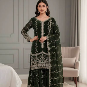 Sharara Salwar de Seda Pura con Lentejuelas, Hecho a Mano, Estilo Étnico Moderno para Mujer, Ideal para Primavera, Verano, Festivales, Diwali, Bodas y Fiestas. - Product Image 1