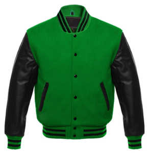 Veste universitaire verte pour homme avec manches en cuir PU noir, col rabattu, vêtement décontracté pour l'automne - Product Image 1