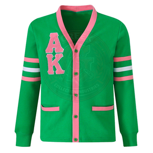 Suéter de Mujer con Cuello en V, Color Verde y Rosa, de la Hermandad AKA, de Manga Larga, de Algodón y Felpa, Tejido, con Logotipo Bordado, para Uso Escolar - Product Image 1