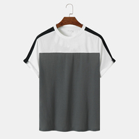 T-shirt en coton pour homme, à blocs de couleur, manches courtes, col rond, coupe décontractée, bordure contrastée, design uni tricoté