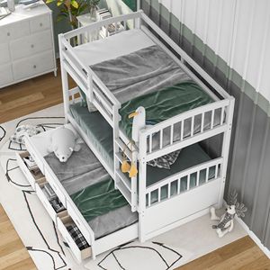 Letto a castello in legno bianco con due letti singoli, letto estraibile e cassetti - Prodotto per camere dei bambini - Product Image 3