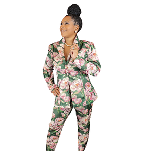 <b>Women</b> Green Floral <b>Suit</b> Elegant Printed Blazer and <b>Pants</b> Two Piece Set Tailored Business Casual Office Formal Party Fashion - Product Image 1
