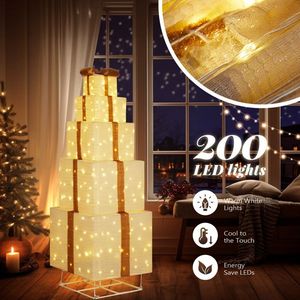 6FT Pre-Lit Pull-Up Gift Box Tower with 200 LED Warm White Lights Christmas Outdoor Christmas Lights with Ropes and Stakes - Product Image 6