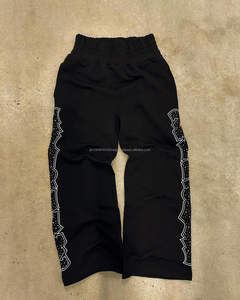 Pantalon de survêtement droit taille haute décontracté pour homme Pantalon de jogging 100% coton en polaire avec strass cristal Pantalon large noir - Product Image 1