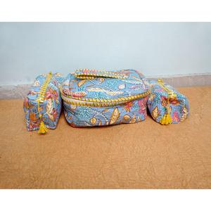 Beautiful Block Printed Quilted Cotton Vanity Bag Set Of 3 Pieces Women's Travel Cosmetic Pouch Storage Cosmetic Bags And <b>Cases</b> - Product Image 1