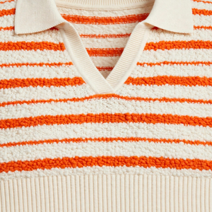 เสื้อโปโลถักลายทางผู้ชาย แขนสั้น คอวี สีครีมน้ำตาล เสื้อสเวตเตอร์ลำลองสำหรับผู้ชาย - Product Image 4