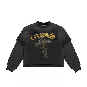 <b>Women</b> Double Layer Crop Shirt GSM Premium Cotton Polyester Blend Black Graphic Print <b>Mesh</b> Sleeve Custom Logo Double Layer Shirts - Product Image 3