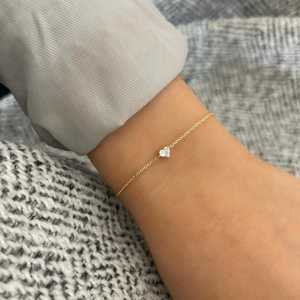 Heart Cut Lab Grown Diamond Solitaire <b>Bracelets</b> 10K 14K <b>Solid</b> Gold Prong Set Lobster clasp Minimalist 7in Adjustable Cable Chain - Product Image 5
