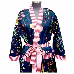 Modern Women Eco-Friendly Floral Print Cotton <b>Kimono</b> Robe V-Neck Three Quarter Sleeve <b>Belt</b> Closure Quick Dry Smooth Sleepwear - Product Image 3