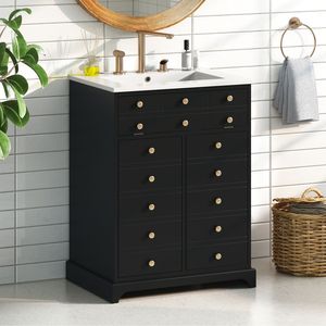Mobile Bagno Moderno da 24 Pollici con Cassetto e Ante a Chiusura Ammortizzata, Armadietto Verniciato con Lavabo in Ceramica Integrato - Product Image 4