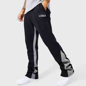 Pantalon de survêtement noir pour homme avec bande latérale grise, taille élastique, décontracté, respirant, pour l'automne - Product Image 1