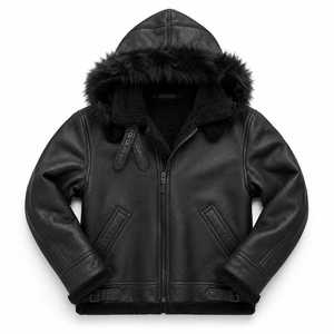 Chaqueta de Cuero Negra Personalizada para Hombre, Chaqueta de Aviador con Capucha de Piel de Oveja, Chaqueta Bomber B3 - Product Image 1