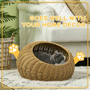 Cuccia per Gatti in Rattan Marrone Chiaro con Cuscino in Memory Foam e PU Sfoderabile e Lavabile, Tenda per Animali Domestici per Piccoli Animali e Cuccioli - Product Image 6