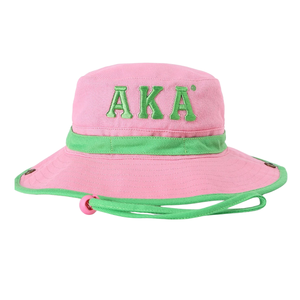 Sombrero de Pesca AKA Pink Boonie Hat Rosa de Ala Ancha para Exteriores con Letras Verdes Bordadas y Correa Ajustable para la Barbilla para Mujer - Product Image 1