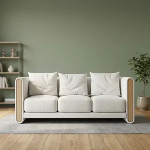 Sofá Minimalista en Forma de L de Tres Plazas con Tapicería de Tela Rellena de Espuma y Brazos de Madera para Sala de Estar - Product Image 1