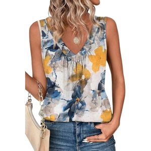 Haut pour femme, coupe ample, sans manches, col en V, vêtements d'été, t-shirts et débardeurs froncés pour femme, ourlet incurvé - Product Image 2