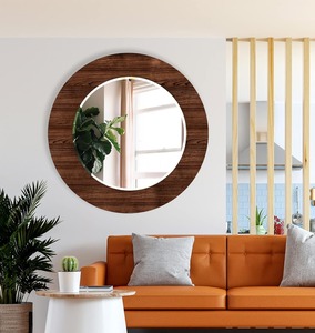 New Design Round wooden <b>wall</b> <b>mirror</b> walnut color customized size design shape available for living room dining space - Product Image 5