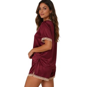 Ensemble de pyjama en satin bordeaux pour femme, haut à manches courtes et short à col en V avec dentelle, vêtements de nuit doux, vêtements de détente, fabrication sur mesure OEM ODM - Product Image 2