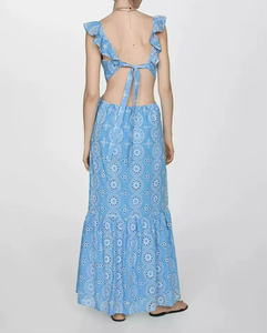 Nuevo Diseño, Vestido Maxi Personalizado con Escote Profundo en V, Espalda Descubierta, Volantes y Bordado para Mujer - Product Image 3